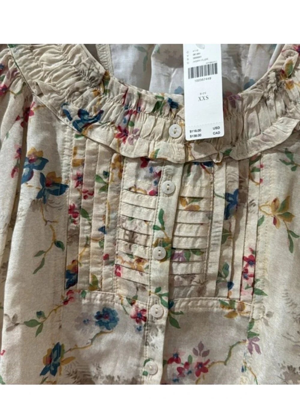 ANTHROPOLOGIE Pilcro Puff Sleeve Pintuck Cream Floral Peasant Top XS NWT